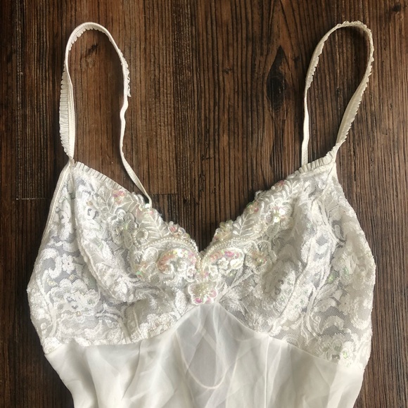 Vintage Cream Lace Sequin Beaded Nighty Slip - Picture 3 of 11